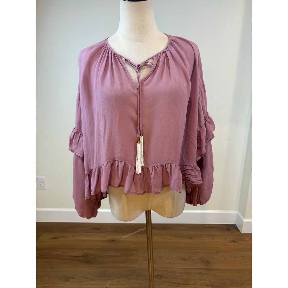 YFB Top Women S Mauve Ruffle Sheer Beaded Tassel Boho Romantic Ethereal Fairy